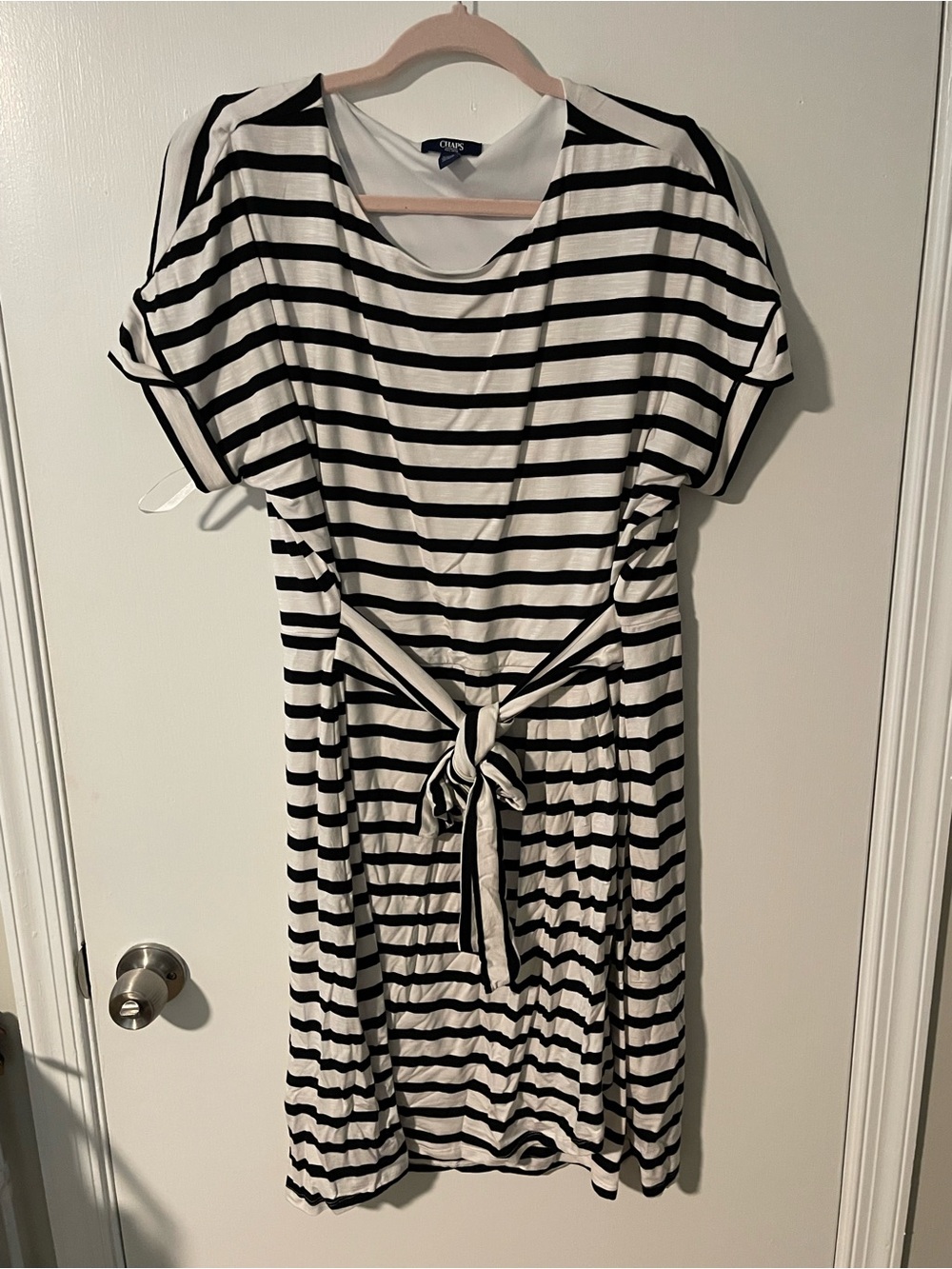 Chaps Black and White Striped Tie-Front Midi Dress